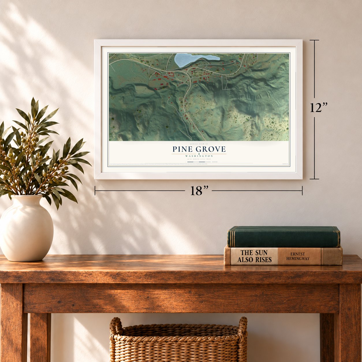 Pine Grove, Washington map, 12 x 18 inch print in a white frame in an entryway