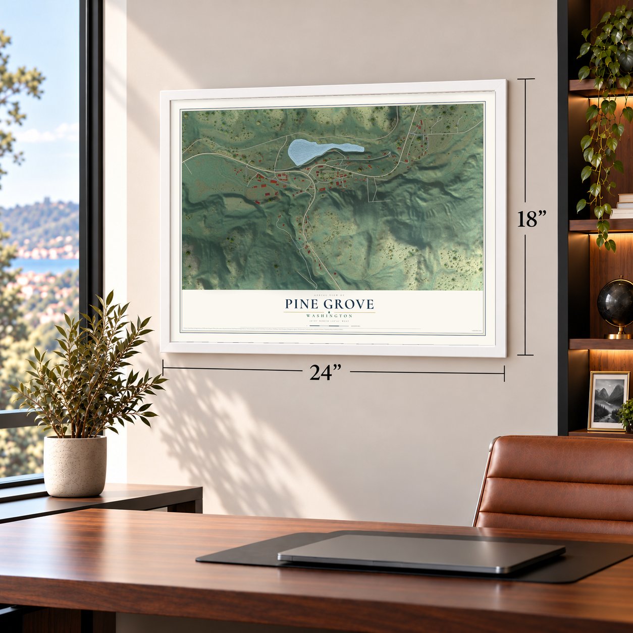 Pine Grove, Washington map, 18 x 24 inch print in a white frame in a home office