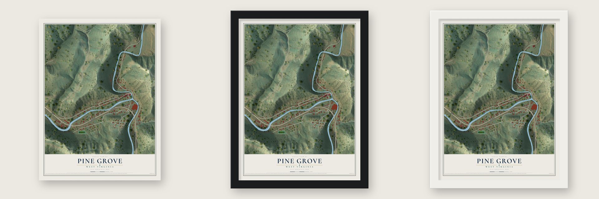 Pine Grove, West Virginia map unframed, in a black wood frame and in a white wood frame