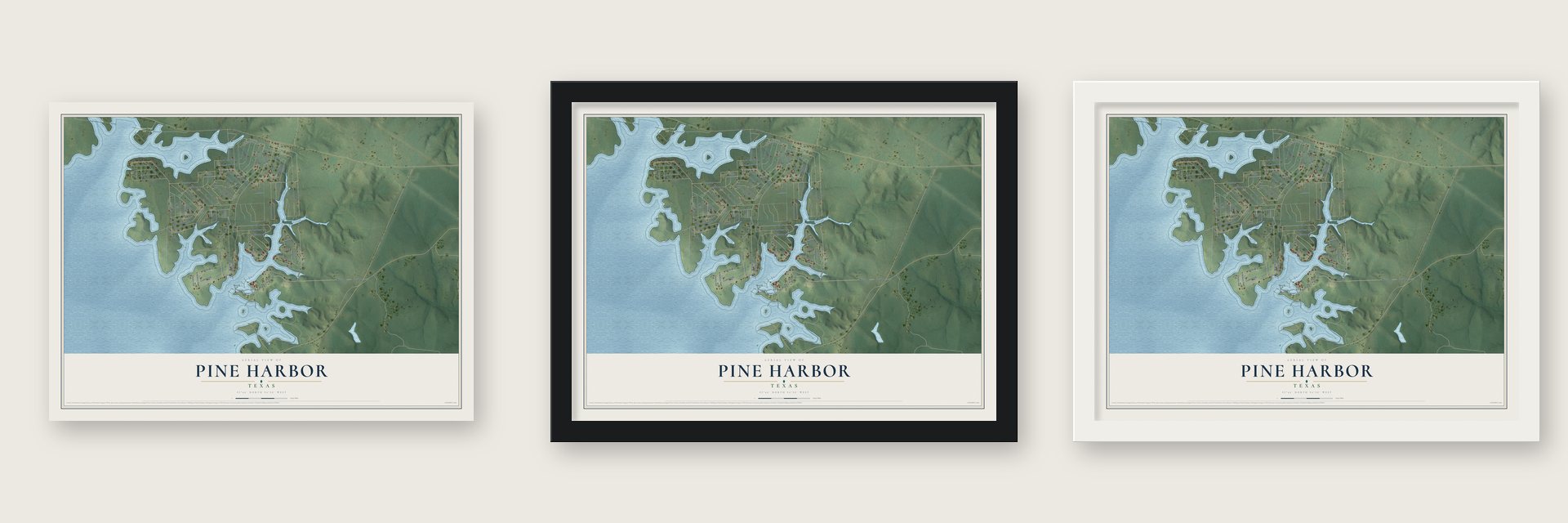 Pine Harbor, Texas map unframed, in a black wood frame and in a white wood frame