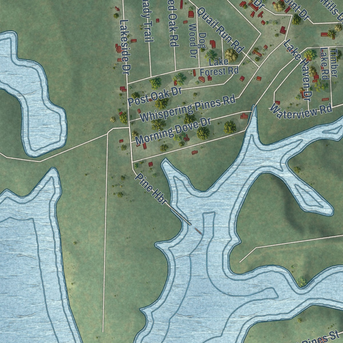 Second close-up of the map of Pine Harbor, Texas print showing more streets and buildings