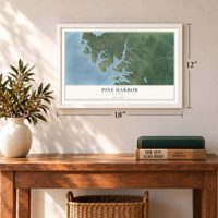 Pine Harbor, Texas map, 12 x 18 inch print in a white frame in an entryway
