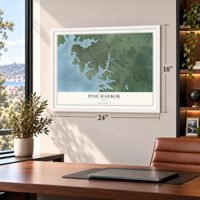 Pine Harbor, Texas map, 18 x 24 inch print in a white frame in a home office