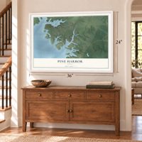 Pine Harbor, Texas map, 24 x 36 inch print in a white frame above a dresser by a staircase