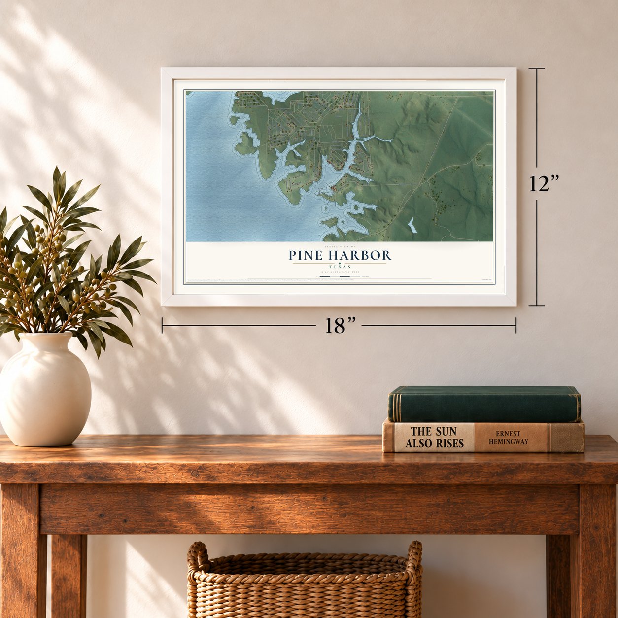 Pine Harbor, Texas map, 12 x 18 inch print in a white frame in an entryway