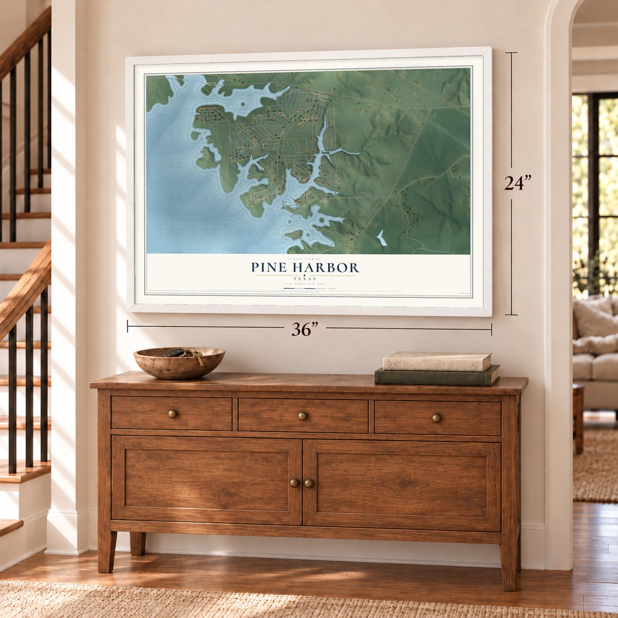 Pine Harbor, Texas map, 24 x 36 inch print in a white frame above a dresser by a staircase