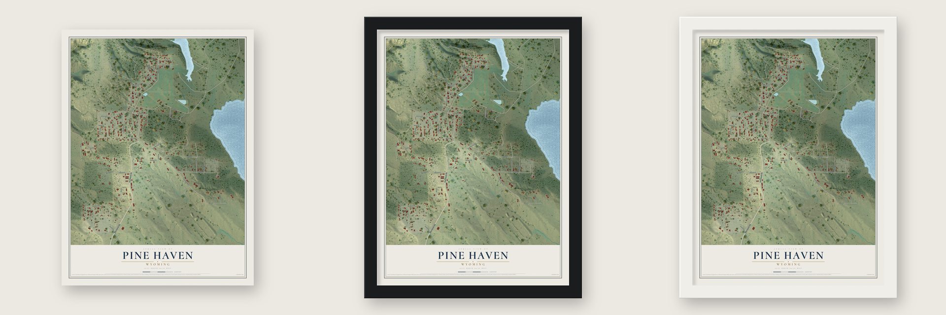 Pine Haven, Wyoming map unframed, in a black wood frame and in a white wood frame