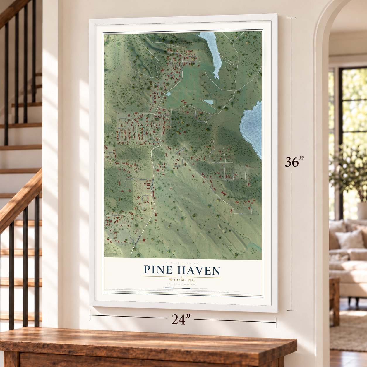 Pine Haven, Wyoming map, 24 x 36 inch print in a white frame by a staircase