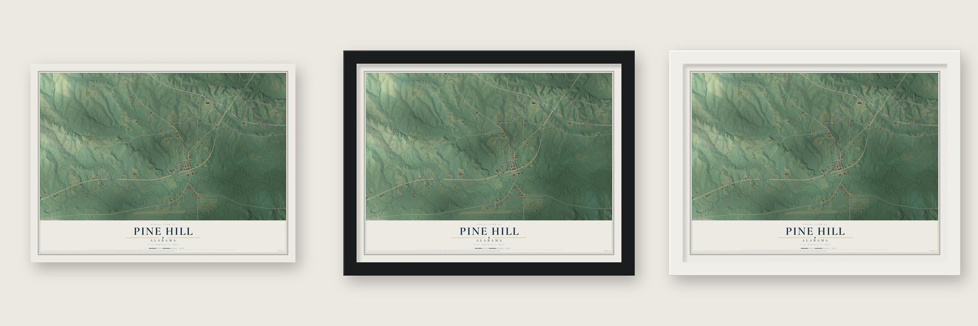 Pine Hill, Alabama map unframed, in a black wood frame and in a white wood frame