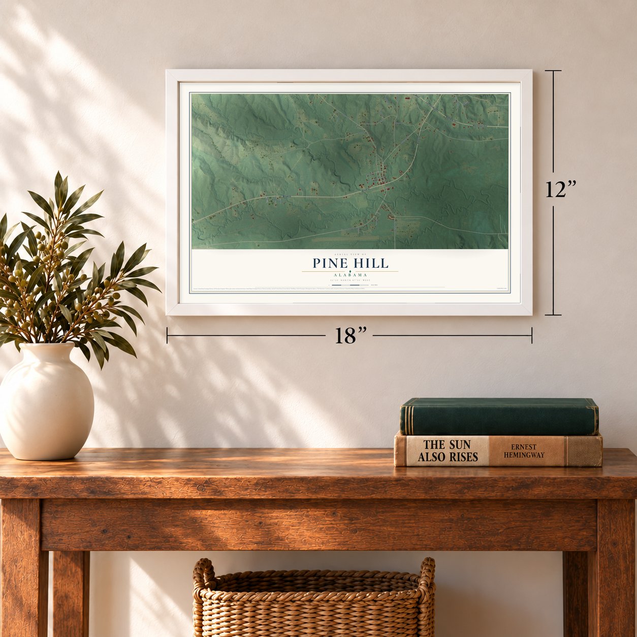 Pine Hill, Alabama map, 12 x 18 inch print in a white frame in an entryway