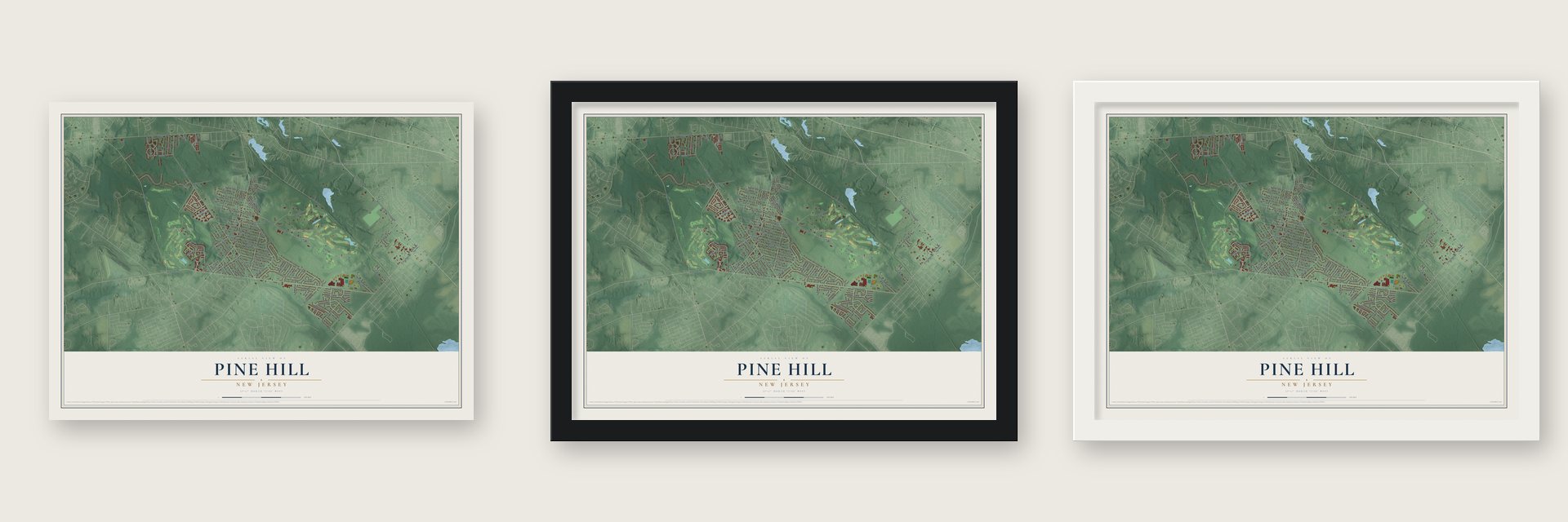 Pine Hill, New Jersey map unframed, in a black wood frame and in a white wood frame