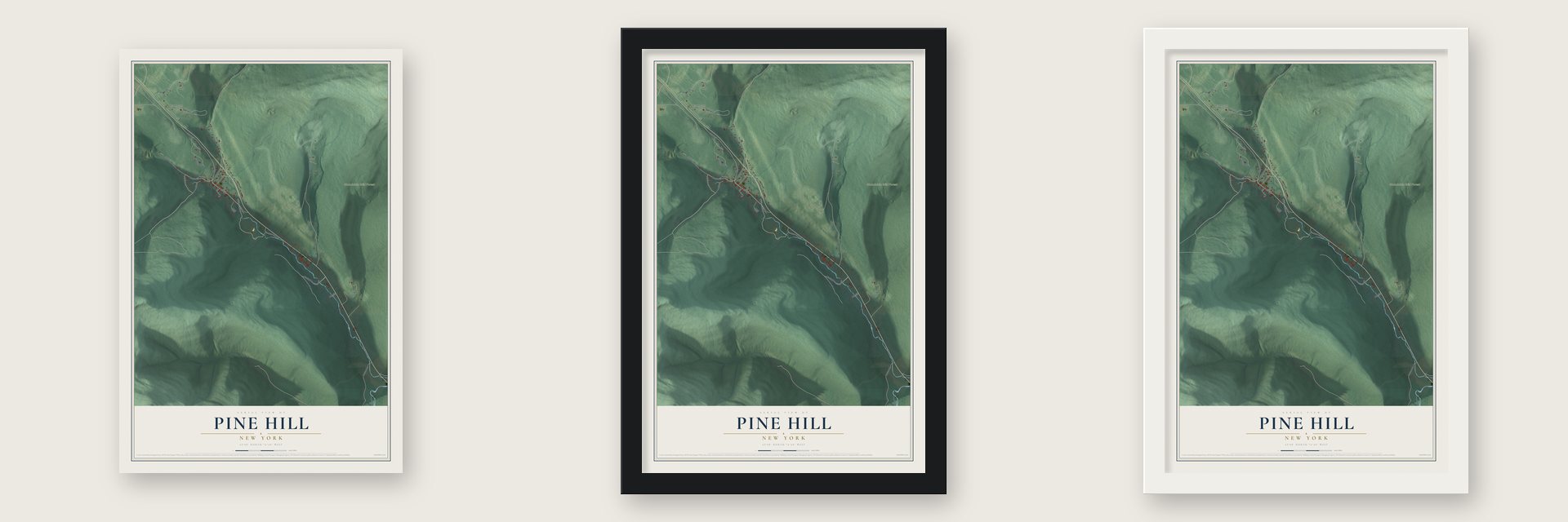 Pine Hill, New York map unframed, in a black wood frame and in a white wood frame