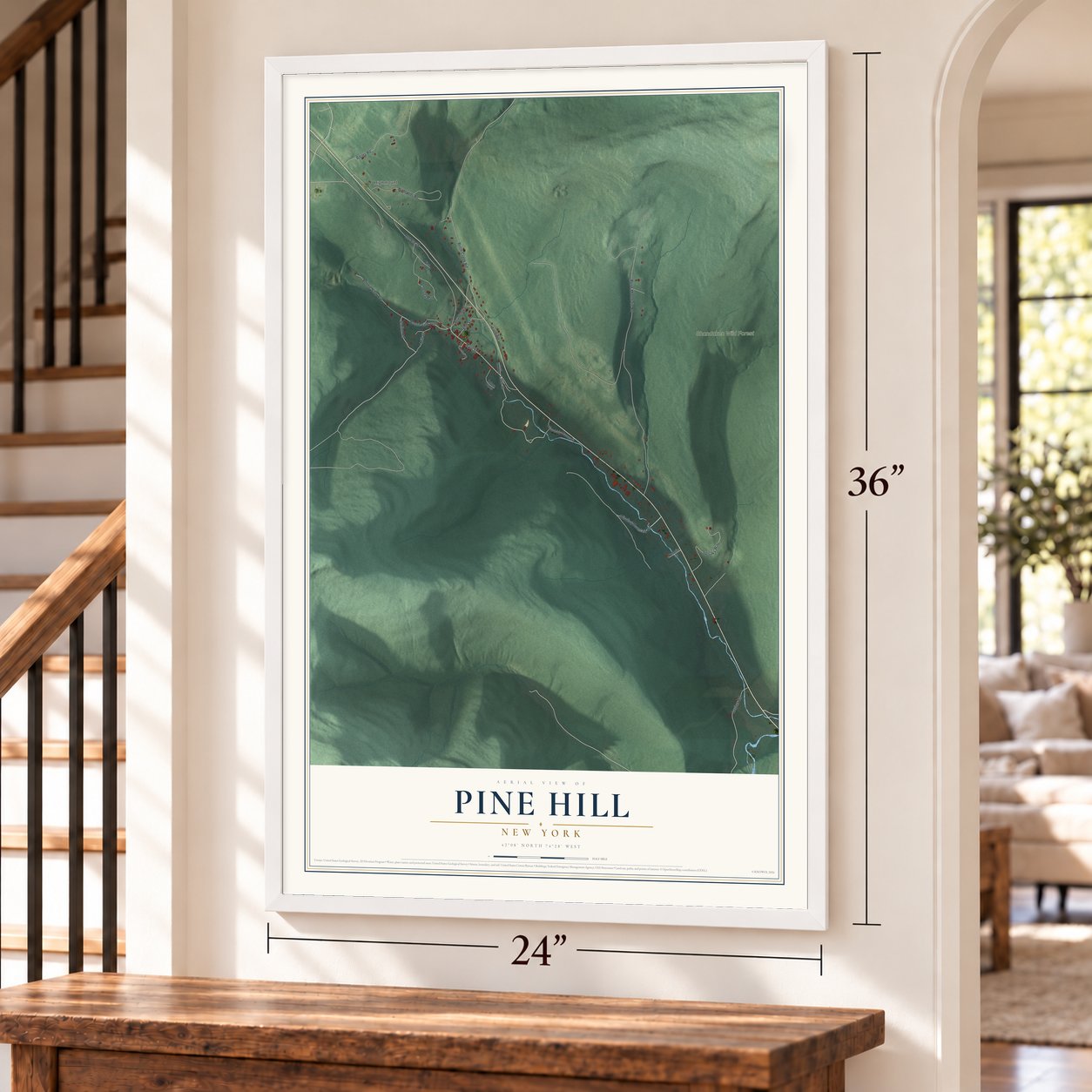 Pine Hill, New York map, 24 x 36 inch print in a white frame by a staircase
