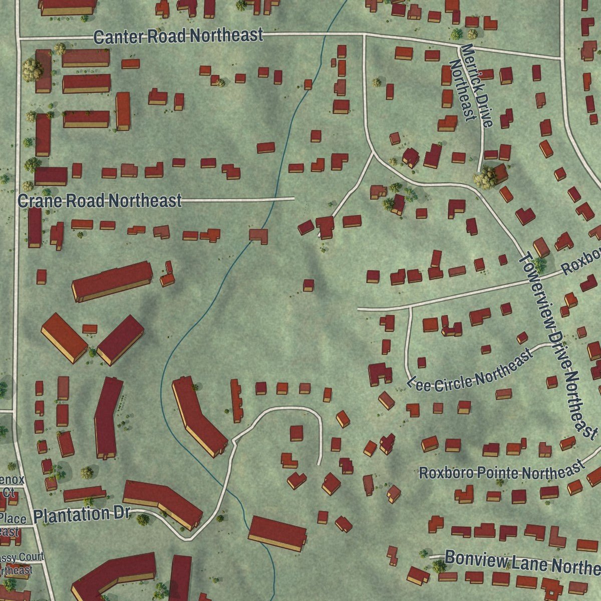 Second close-up of the map of Pine Hills, Georgia print showing more streets and buildings