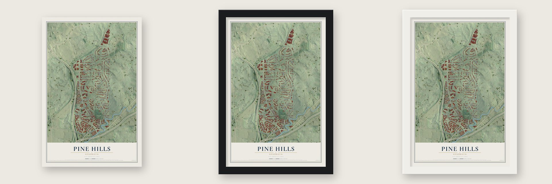 Pine Hills, Georgia map unframed, in a black wood frame and in a white wood frame