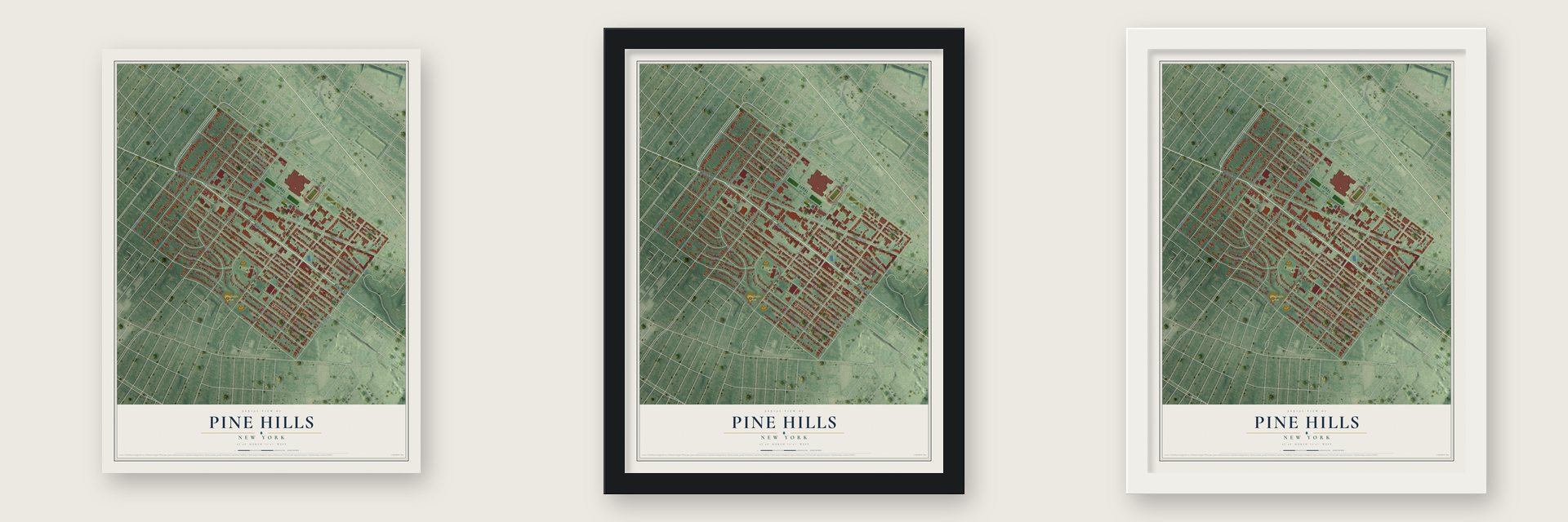 Pine Hills, New York map unframed, in a black wood frame and in a white wood frame