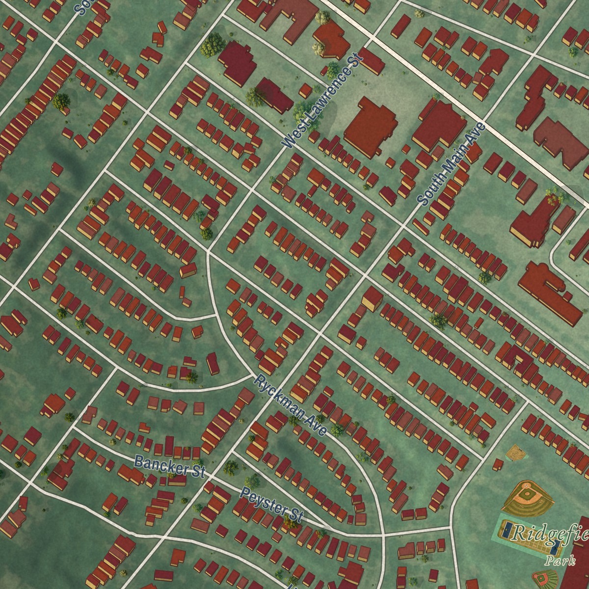 Second close-up of the map of Pine Hills, New York print showing more streets and buildings