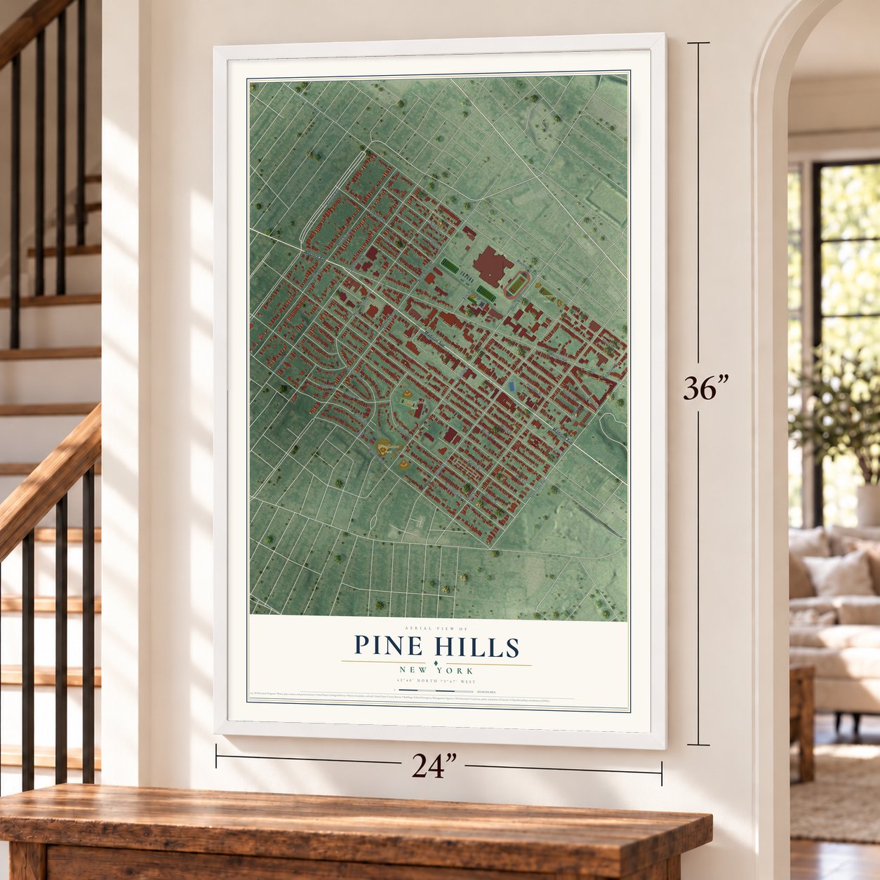 Pine Hills, New York map, 24 x 36 inch print in a white frame by a staircase