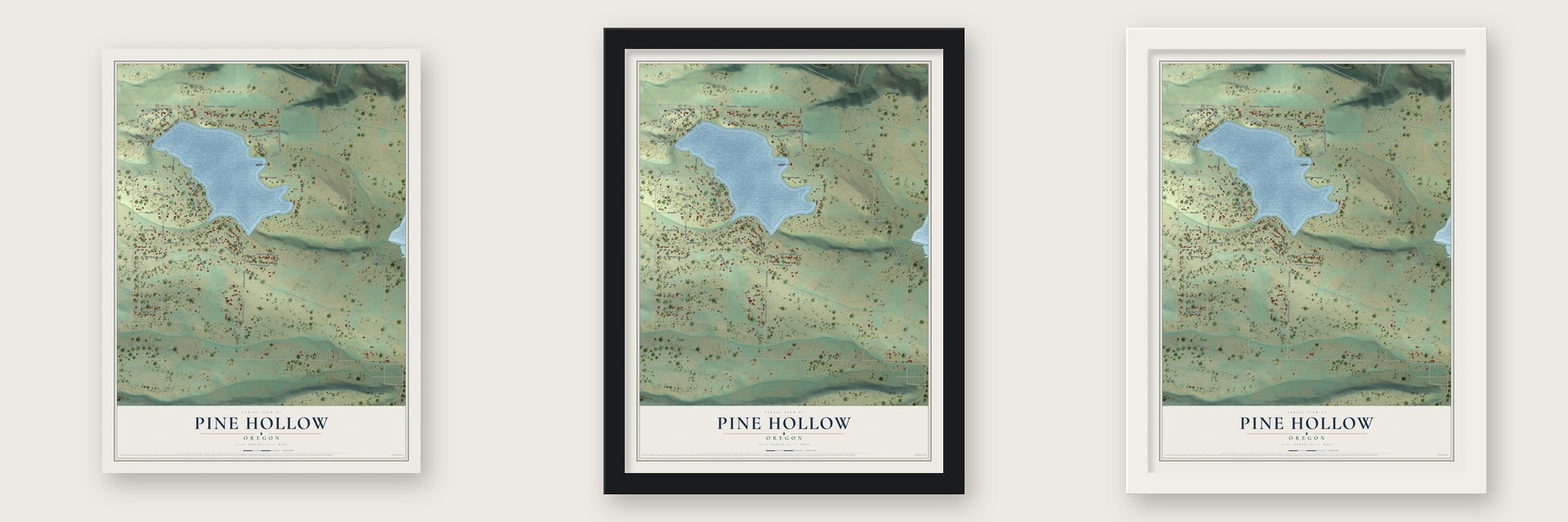 Pine Hollow, Oregon map unframed, in a black wood frame and in a white wood frame