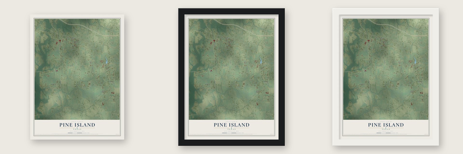 Pine Island, Texas map unframed, in a black wood frame and in a white wood frame