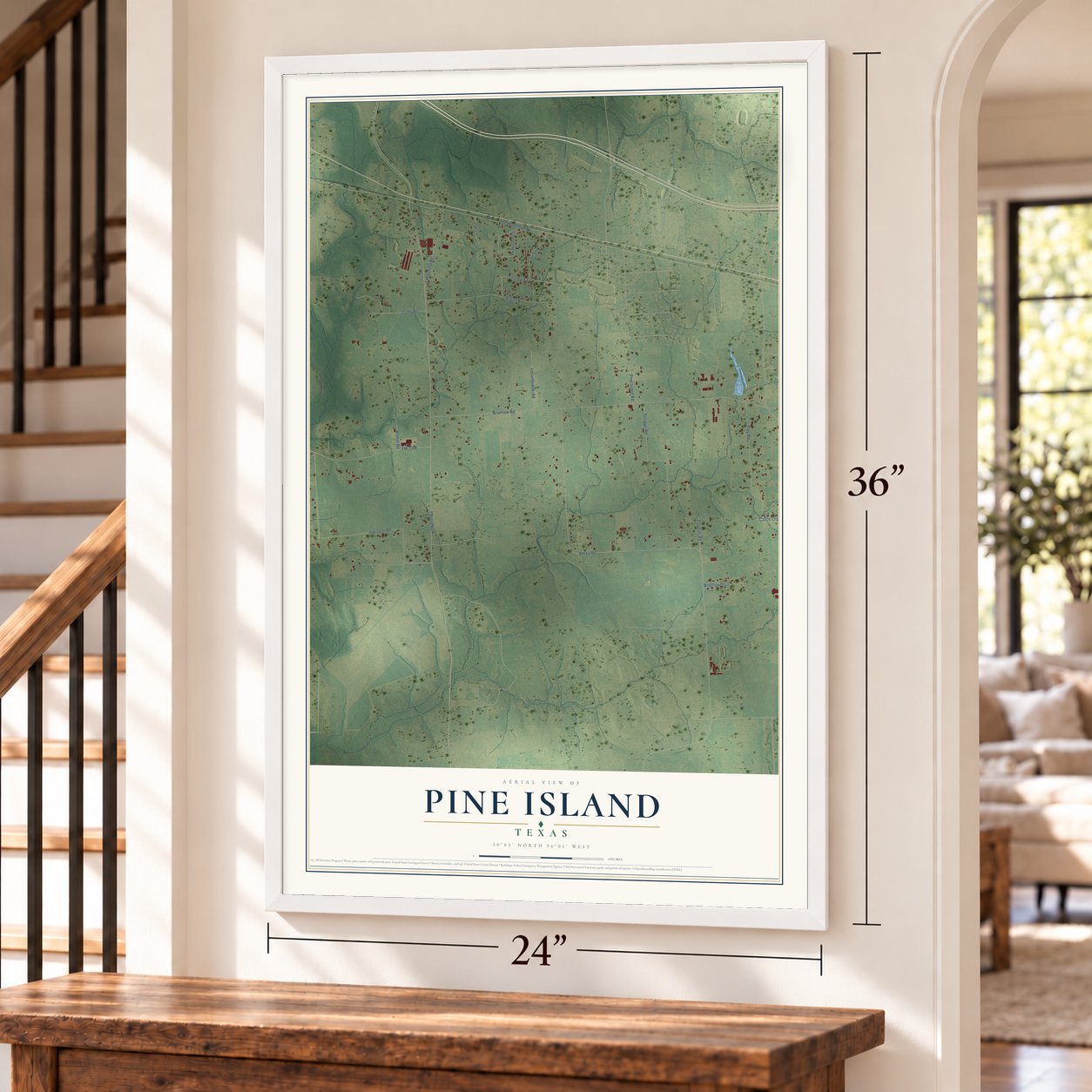 Pine Island, Texas map, 24 x 36 inch print in a white frame by a staircase