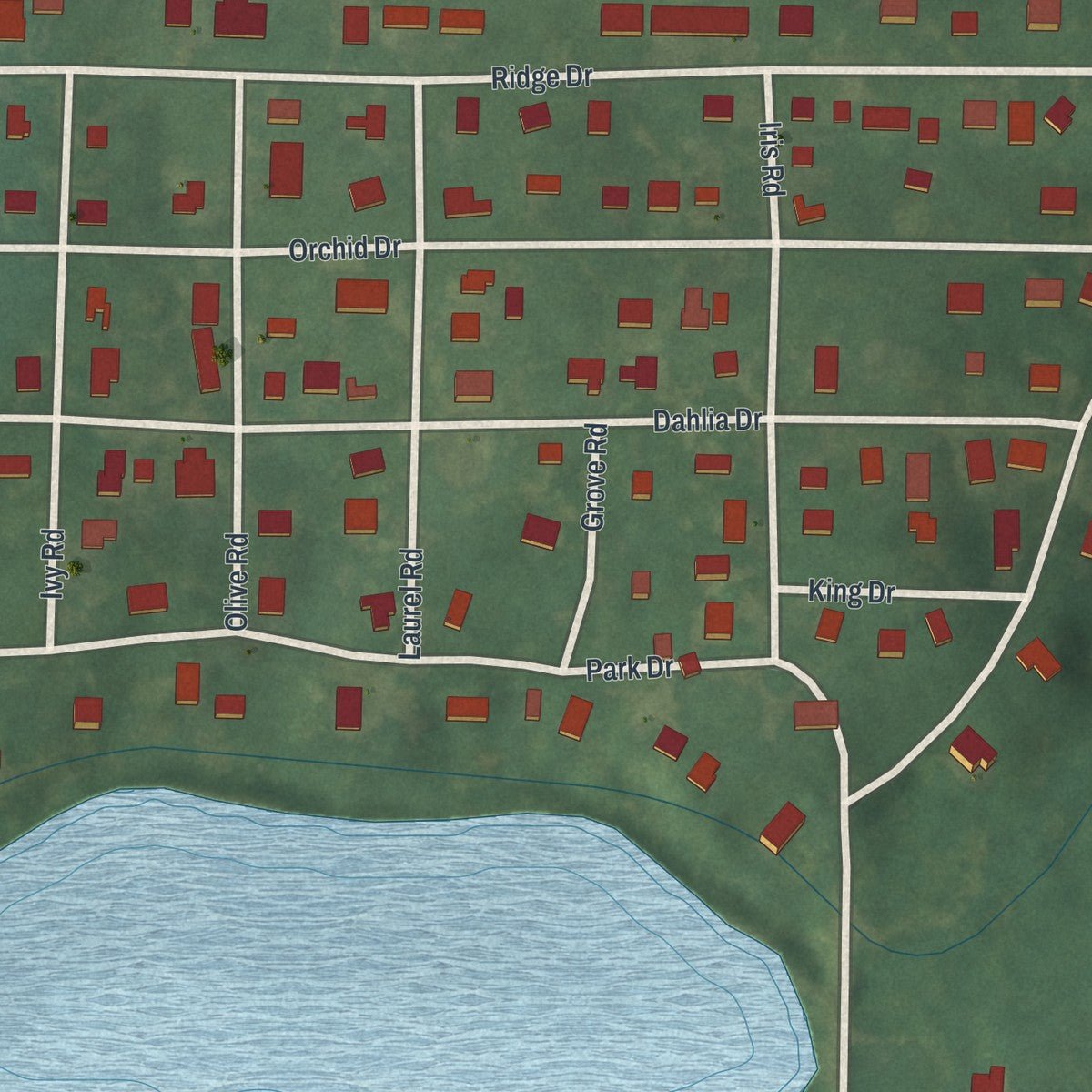 Second close-up of the map of Pine Lake, Georgia print showing more streets and buildings