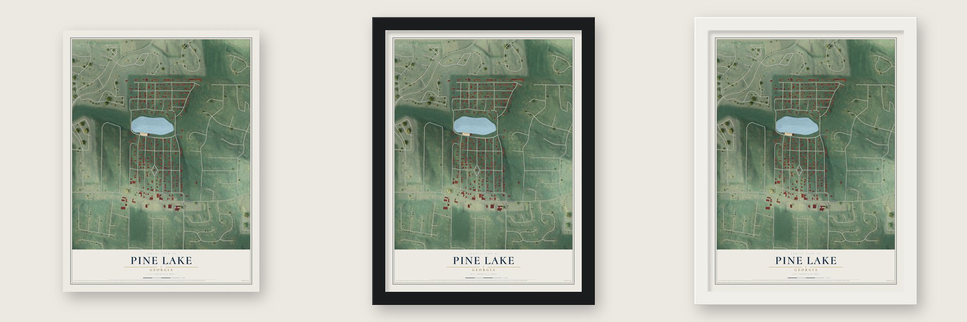 Pine Lake, Georgia map unframed, in a black wood frame and in a white wood frame