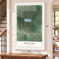 Pine Lake, Georgia map, 24 x 36 inch print in a white frame by a staircase