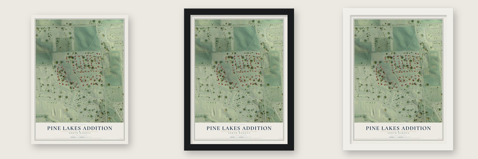 Pine Lakes Addition, South Dakota map unframed, in a black wood frame and in a white wood frame
