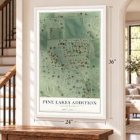 Pine Lakes Addition, South Dakota map, 24 x 36 inch print in a white frame by a staircase