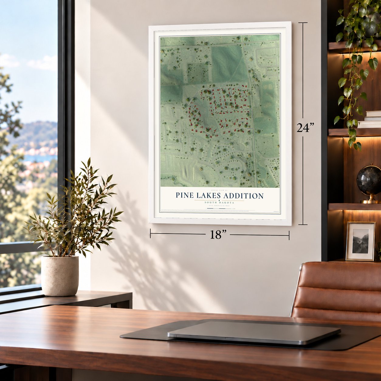 Pine Lakes Addition, South Dakota map, 18 x 24 inch print in a white frame in a home office