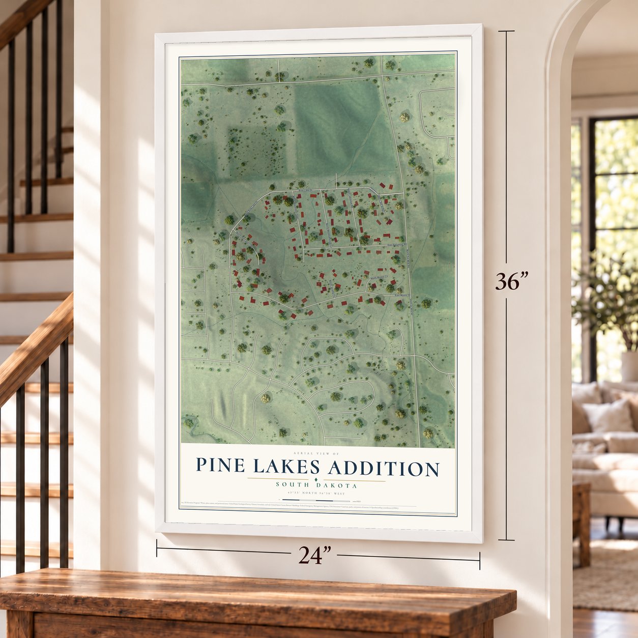 Pine Lakes Addition, South Dakota map, 24 x 36 inch print in a white frame by a staircase
