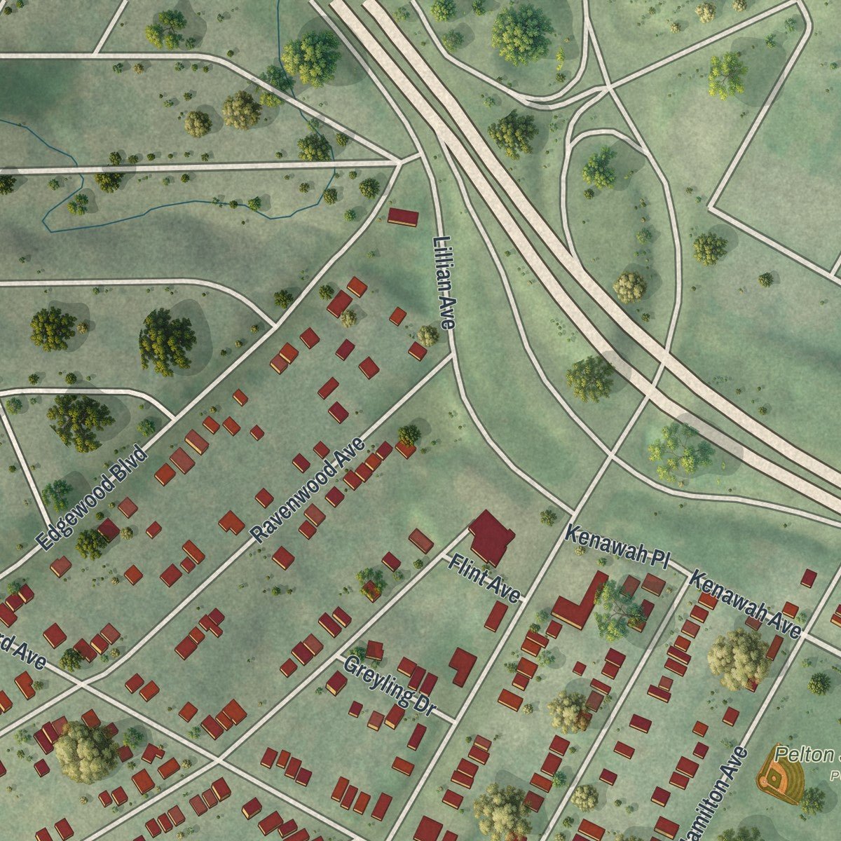 Second close-up of the map of Pine Lawn, Missouri print showing more streets and buildings