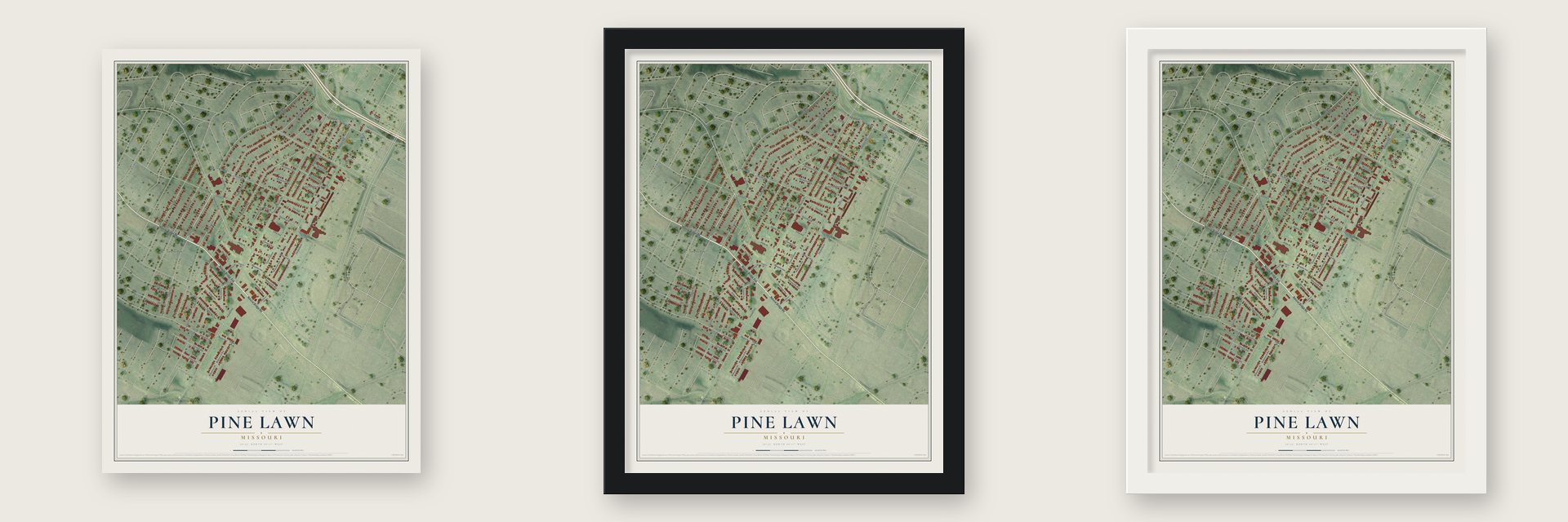 Pine Lawn, Missouri map unframed, in a black wood frame and in a white wood frame