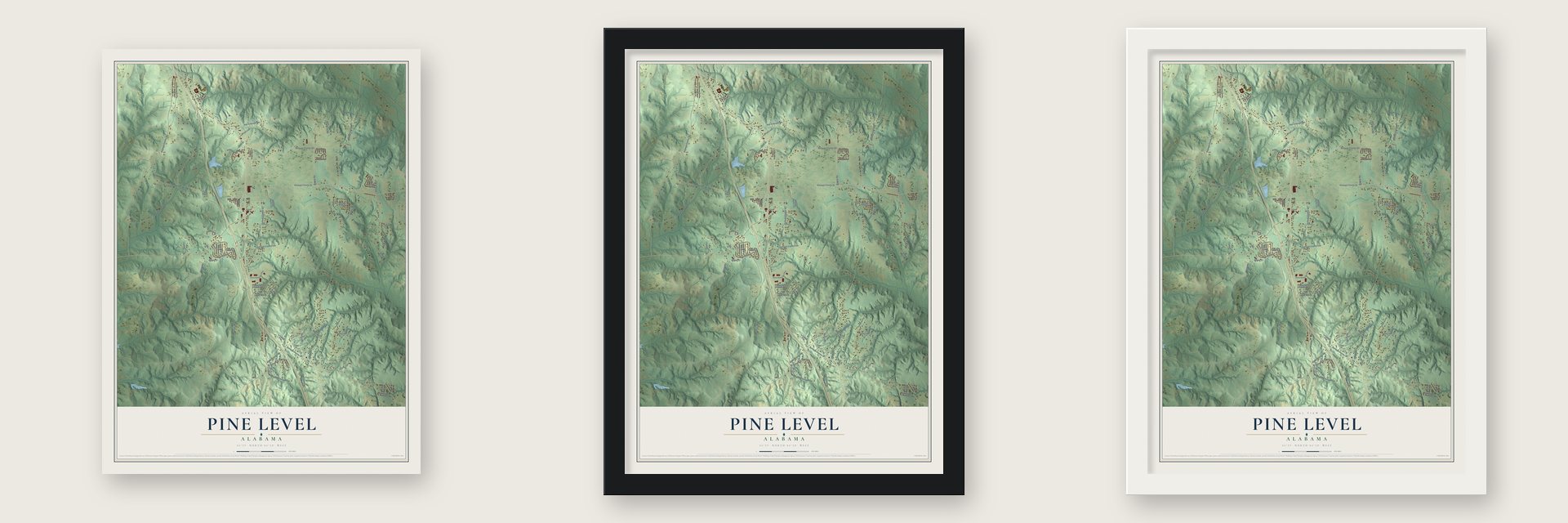 Pine Level, Alabama map unframed, in a black wood frame and in a white wood frame
