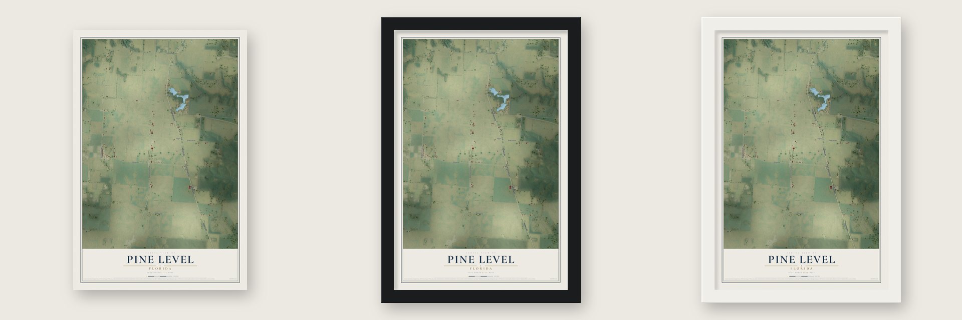 Pine Level, Florida map unframed, in a black wood frame and in a white wood frame