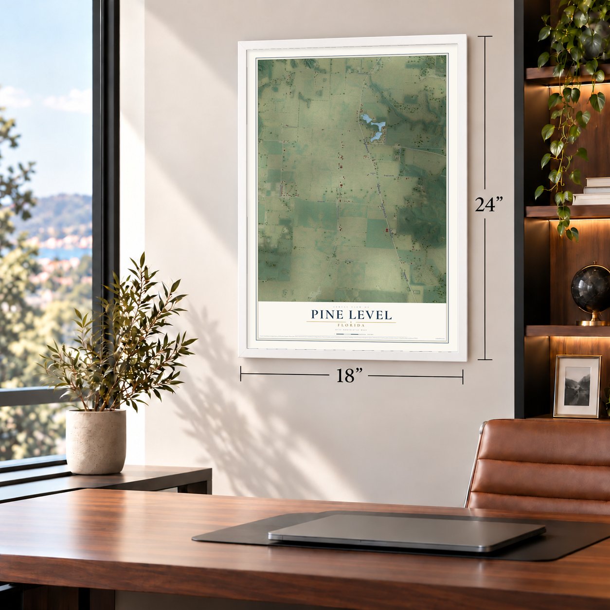 Pine Level, Florida map, 18 x 24 inch print in a white frame in a home office