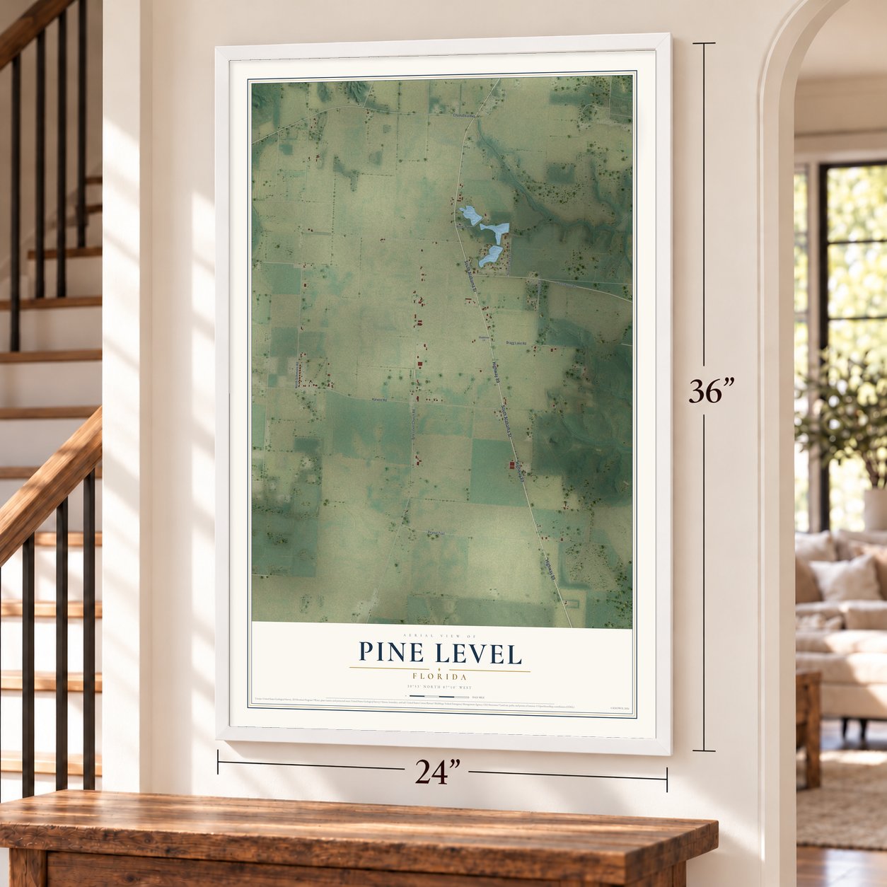Pine Level, Florida map, 24 x 36 inch print in a white frame by a staircase