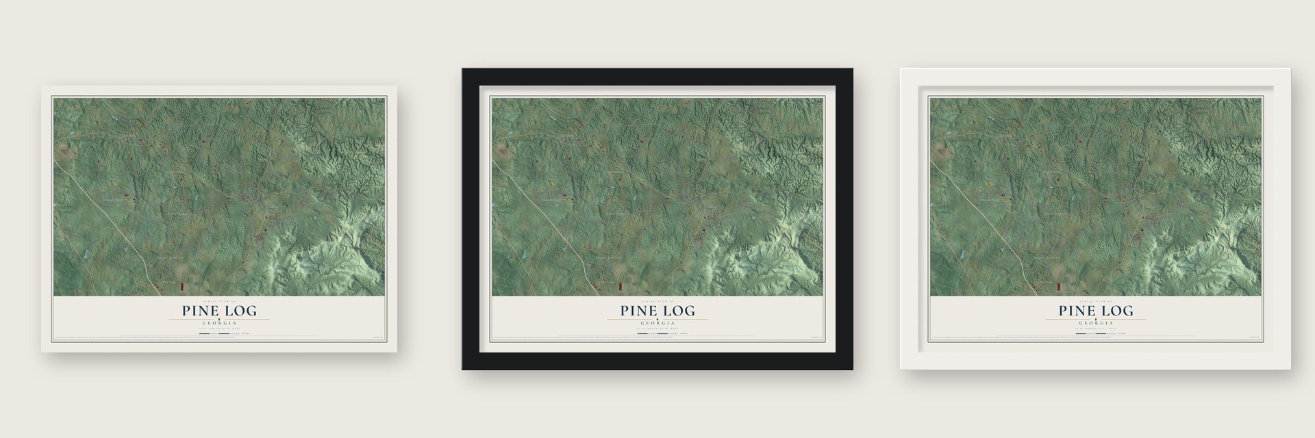 Pine Log, Georgia map unframed, in a black wood frame and in a white wood frame