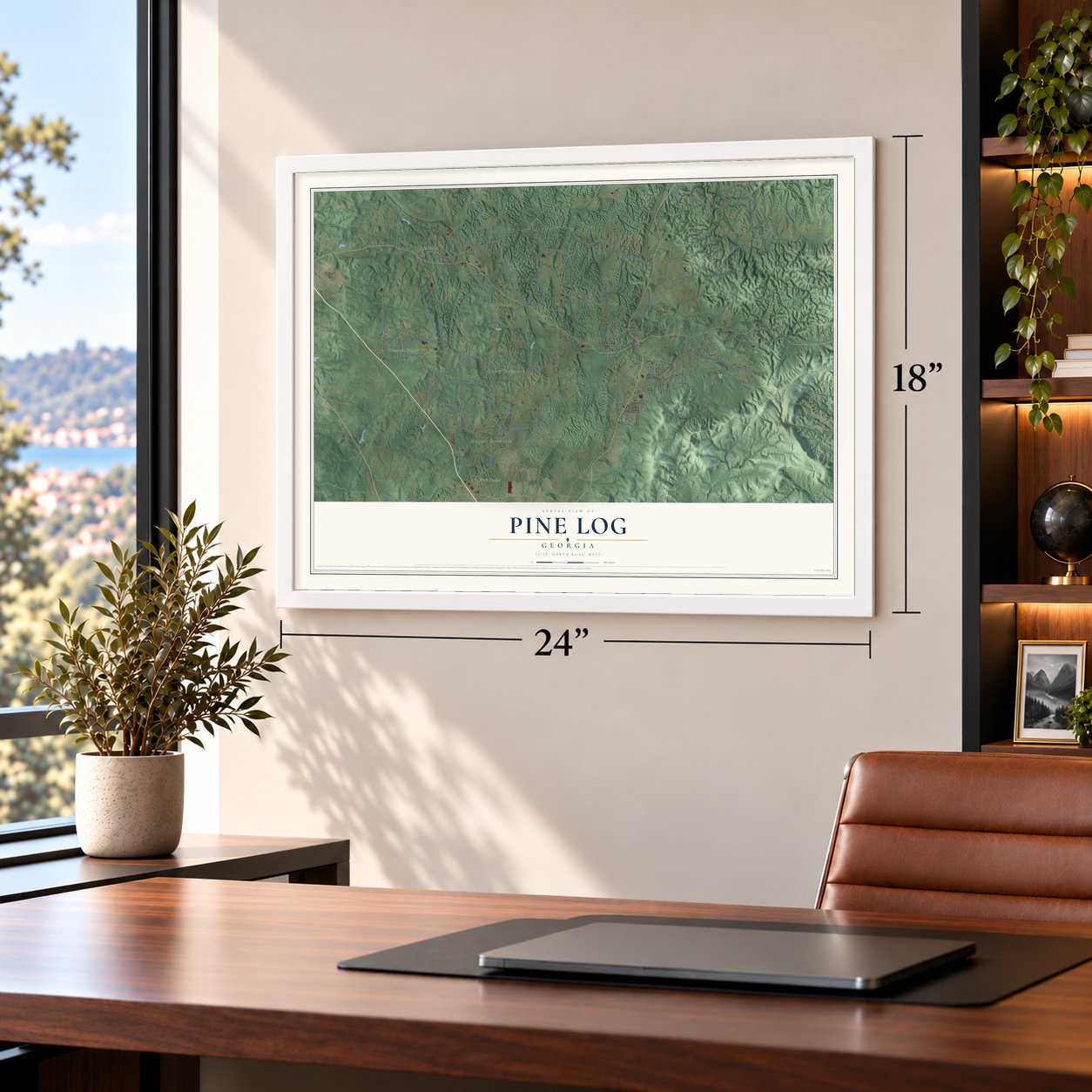 Pine Log, Georgia map, 18 x 24 inch print in a white frame in a home office