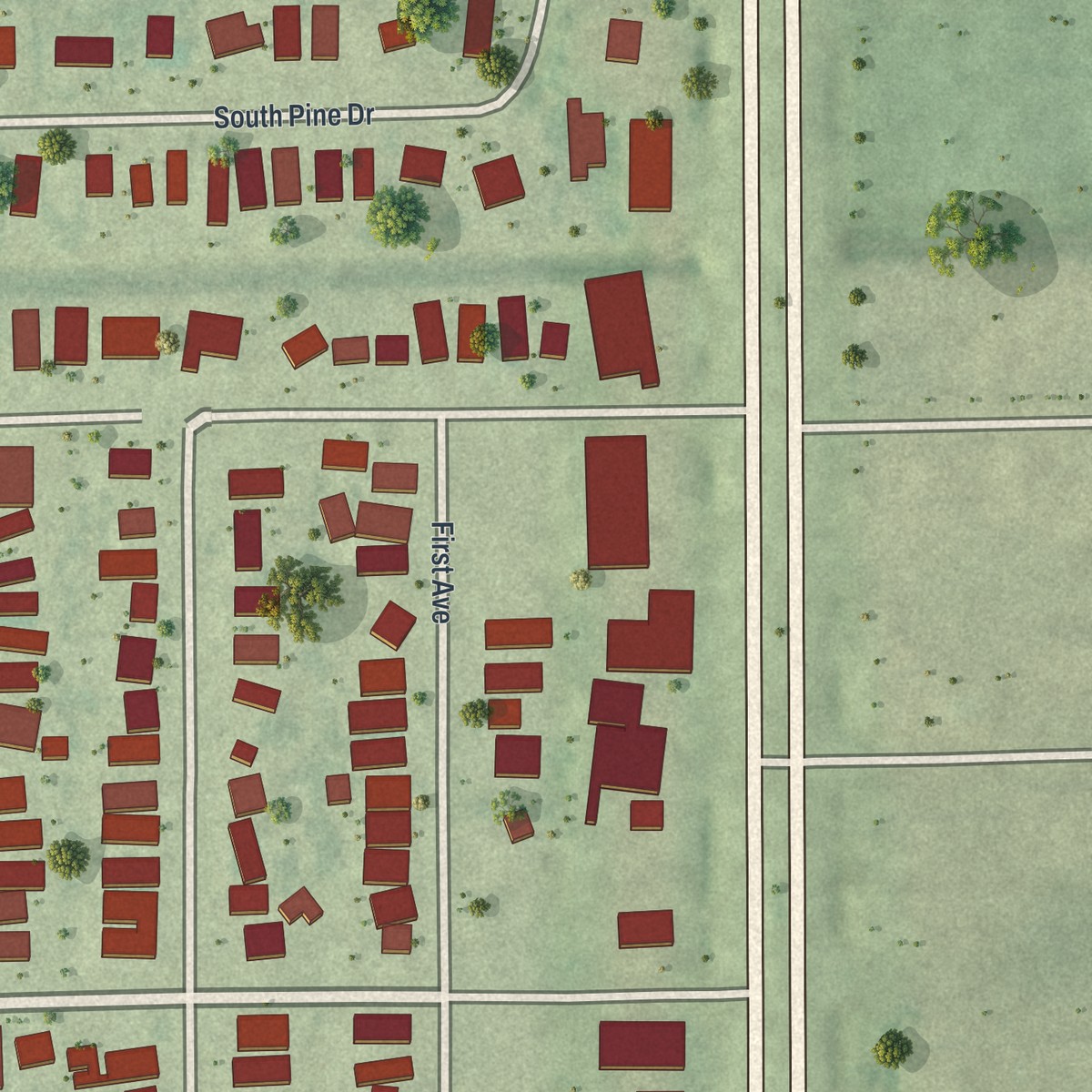 Second close-up of the map of Pine Manor, Florida print showing more streets and buildings