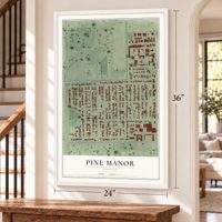 Pine Manor, Florida map, 24 x 36 inch print in a white frame by a staircase