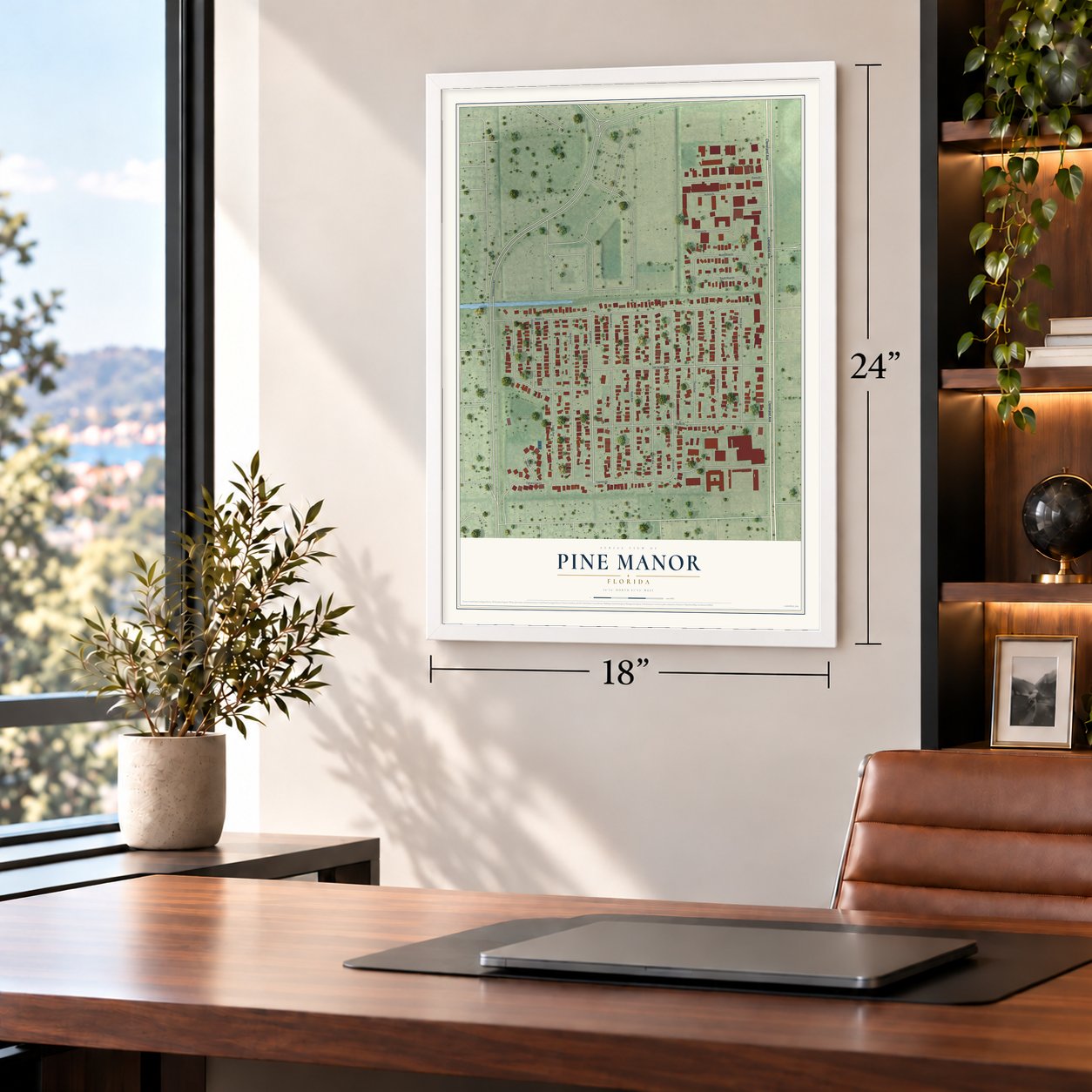 Pine Manor, Florida map, 18 x 24 inch print in a white frame in a home office