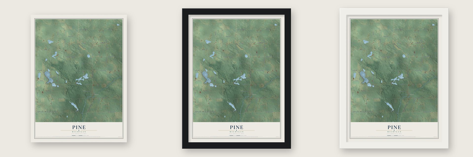 Pine, Michigan map unframed, in a black wood frame and in a white wood frame