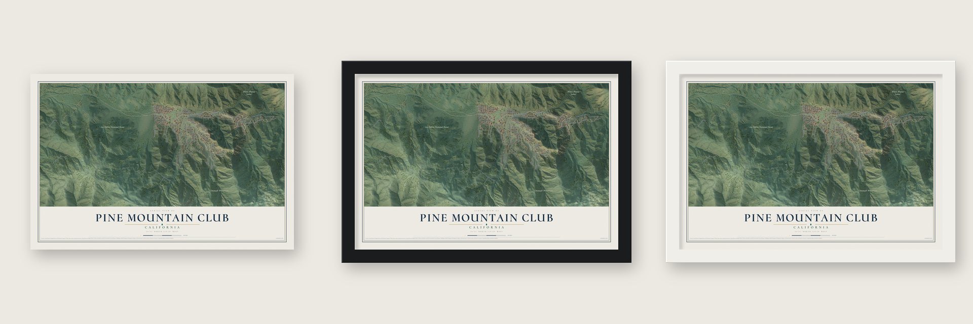 Pine Mountain Club, California map unframed, in a black wood frame and in a white wood frame