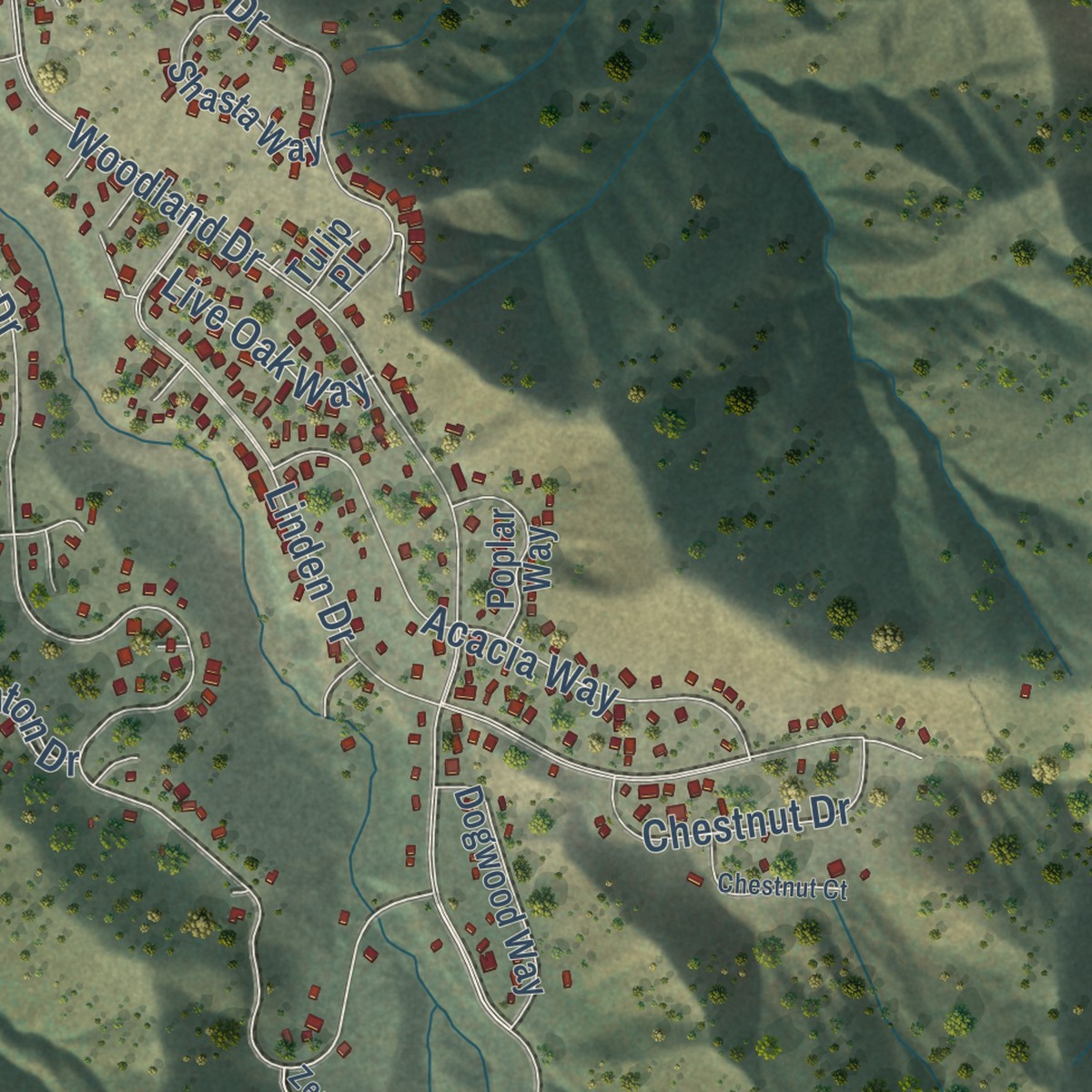 Second close-up of the map of Pine Mountain Club, California print showing more streets and buildings