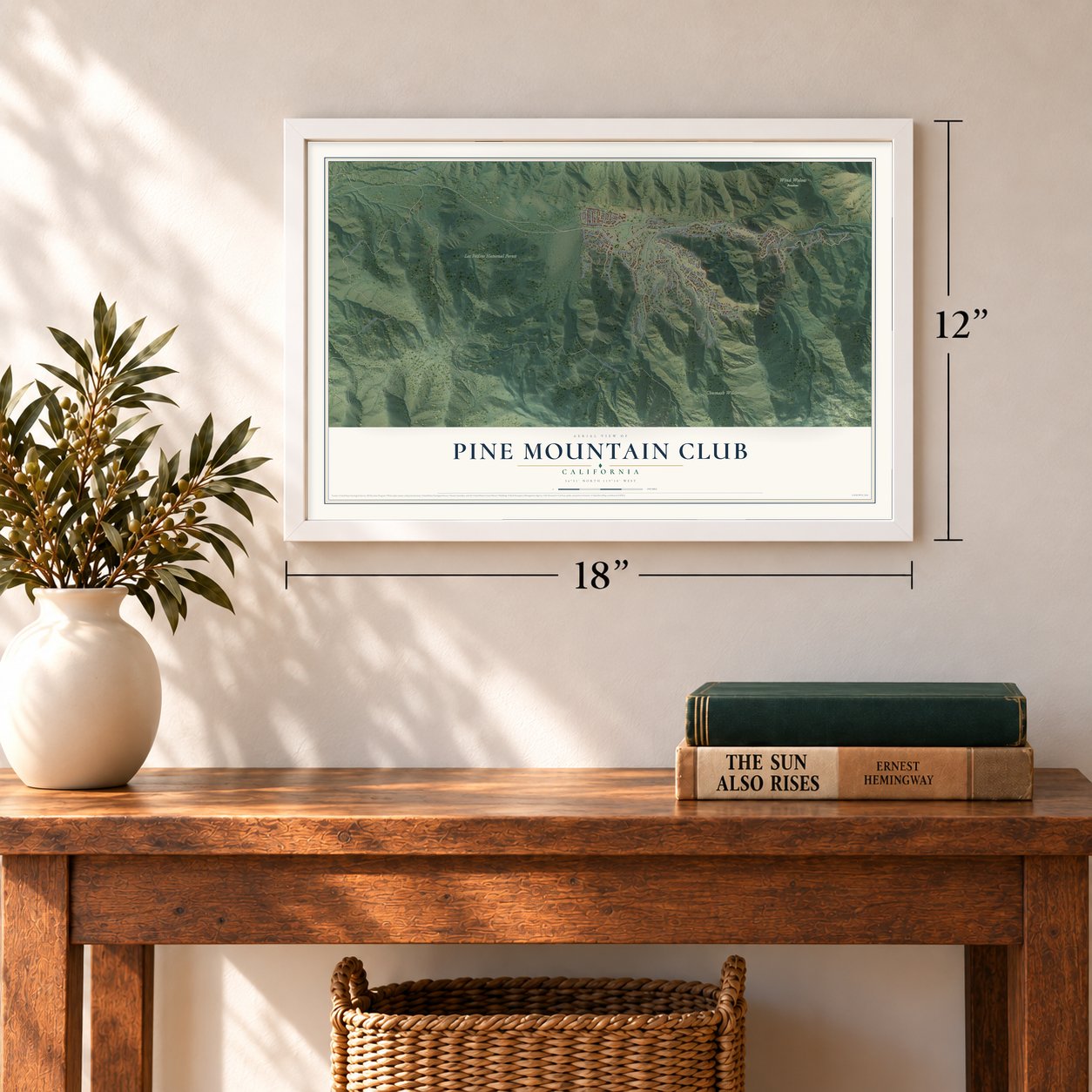 Pine Mountain Club, California map, 12 x 18 inch print in a white frame in an entryway