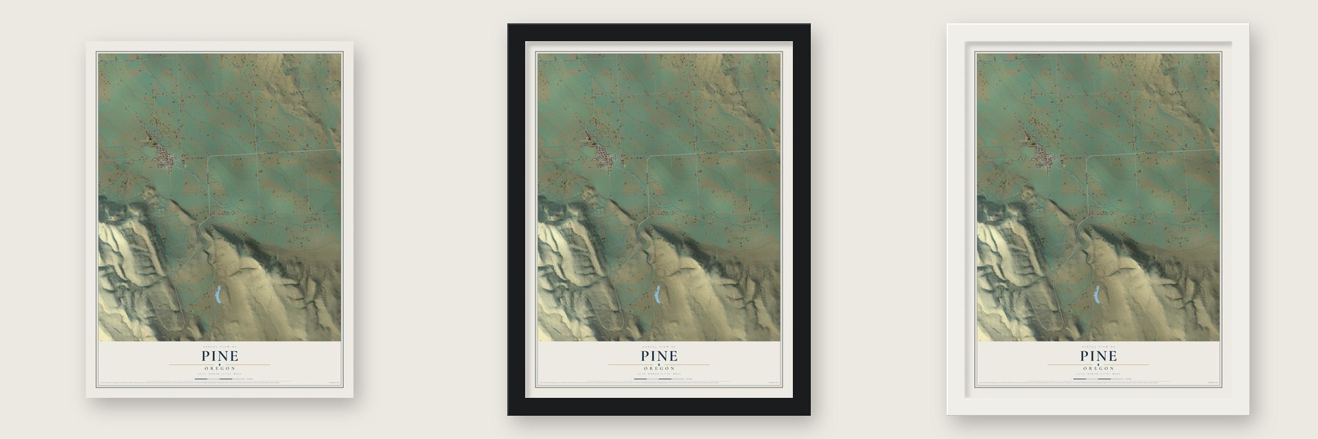 Pine, Oregon map unframed, in a black wood frame and in a white wood frame