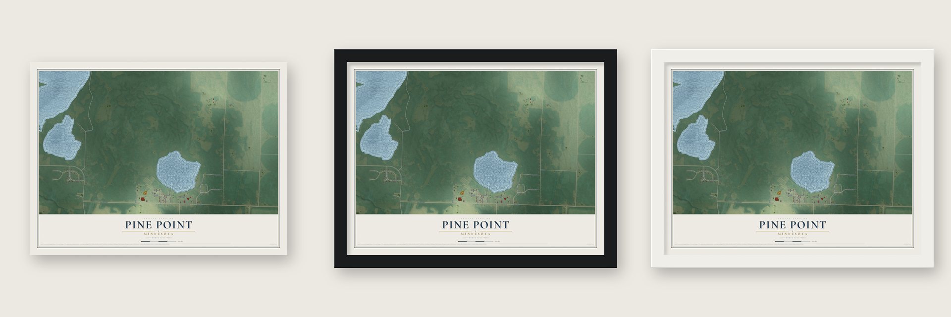 Pine Point, Minnesota map unframed, in a black wood frame and in a white wood frame