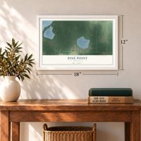 Pine Point, Minnesota map, 12 x 18 inch print in a white frame in an entryway